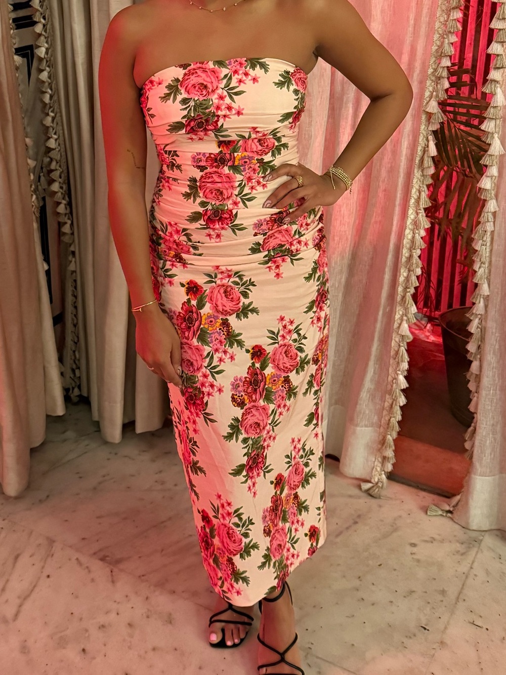 Anthropologie Pink Floral Strapless Ruched Maxi Dress
